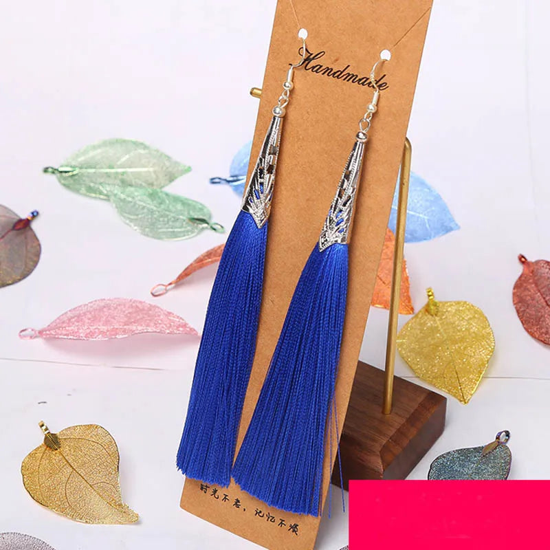 Bohemian Tassel Long Earrings White Red Silk for Women