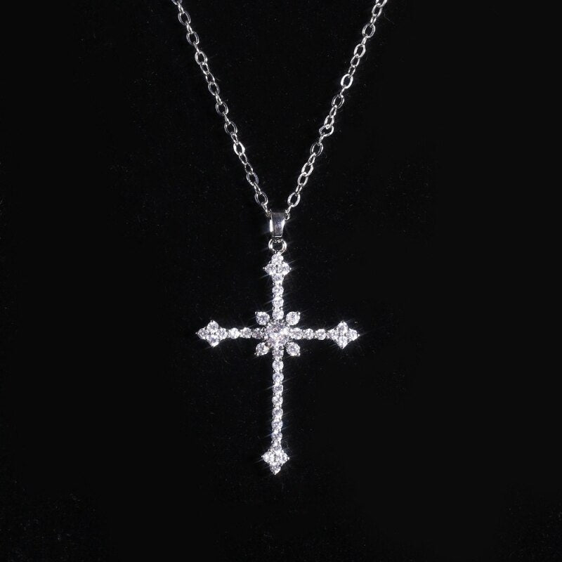 1pcs Imitation White Gold-color Necklace Ladies Cold Wind Full Of Diamonds Star Mango Shining Cross Pendant Jewelry