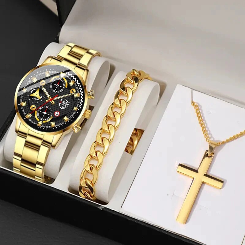 3pcs Set Luxury Mens Stainless Steel Watches Fashion Business Quartz Wristwatch Casual Sports Watch Bracelet Necklace