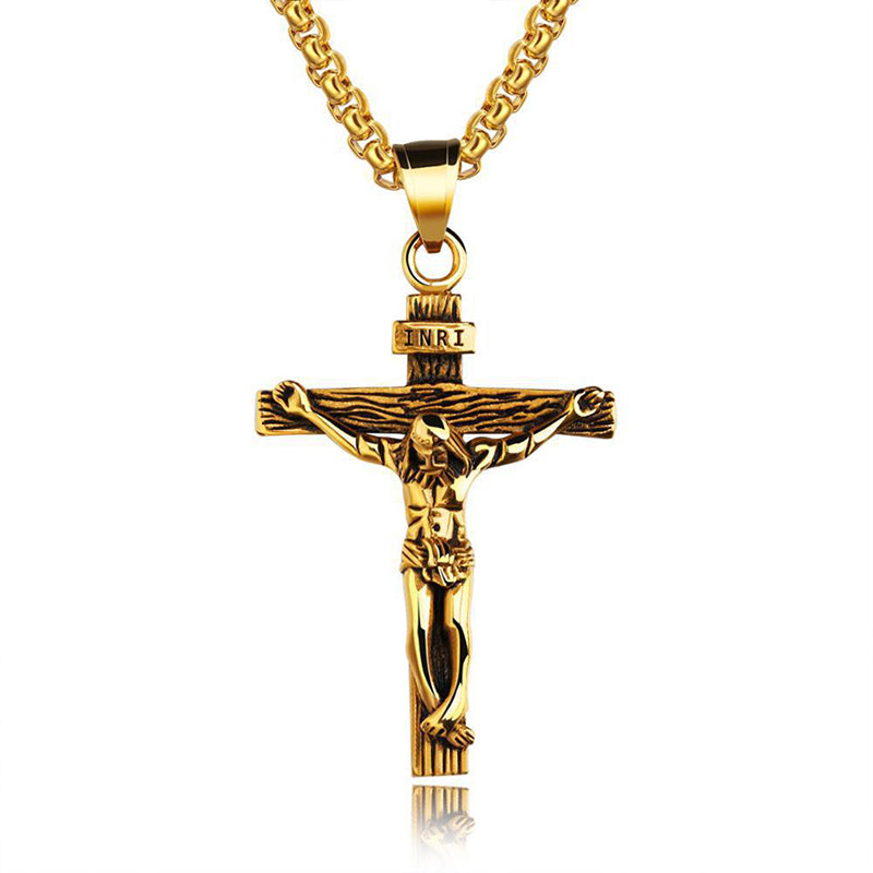 Jesus Cross Necklace Stainless Steel Gold & Silver Pendant for Men