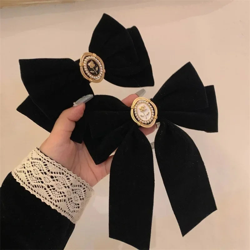 New Black Velvet Bow Hair Pins Elegant Fabric Alloy Roses Hair Clips for Women Fashion Ponytail Barrette Headwear Accessories