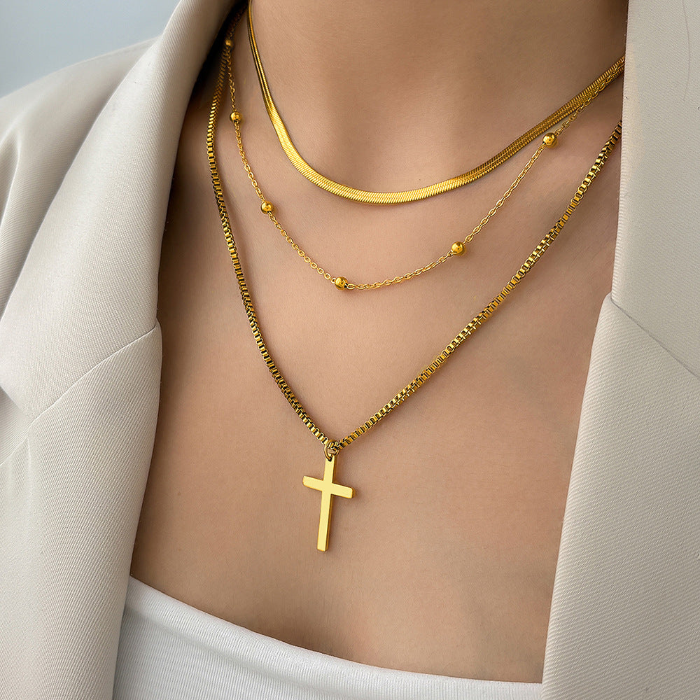 316L Stainless Steel New Fashion Upscale Jewelry 3 Layer Beaded Cross Charms Thick Chain Choker Necklaces & Pendants For Women