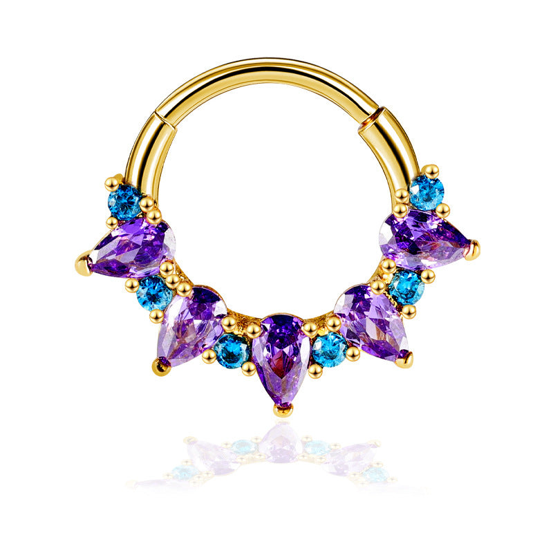 Gold Nose Ring Purple Cubic Zirconia Surgical Steel Septum Jewelry