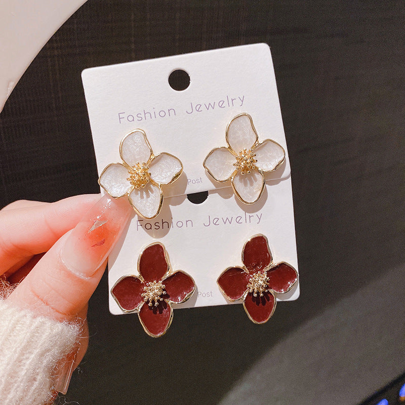 Hibiscus Dropped Glaze Flower Stud Earrings for Women Girl French Ins Vintage 2025 Fashion Korean Wedding Romantic Jewelry Gifts