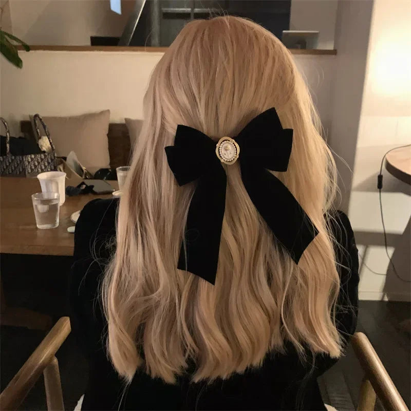 New Black Velvet Bow Hair Pins Elegant Fabric Alloy Roses Hair Clips for Women Fashion Ponytail Barrette Headwear Accessories