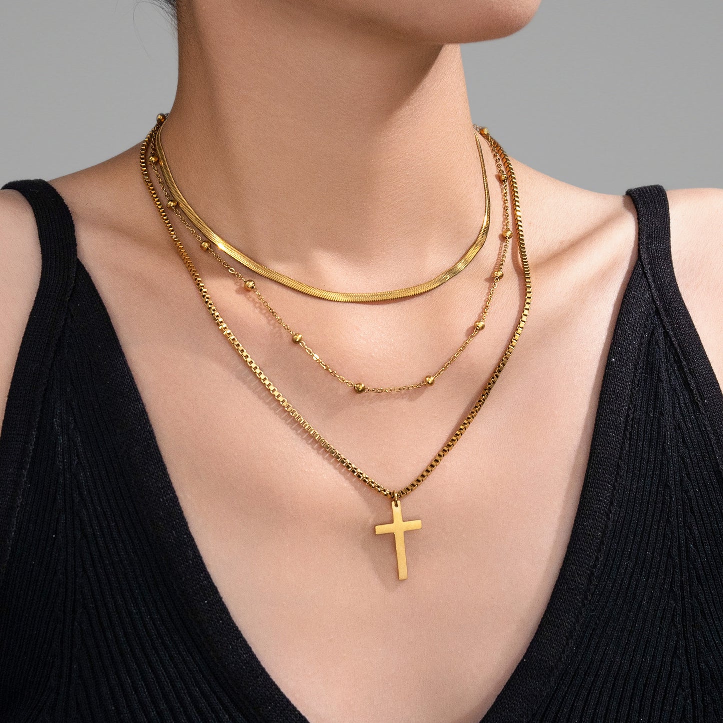 316L Stainless Steel New Fashion Upscale Jewelry 3 Layer Beaded Cross Charms Thick Chain Choker Necklaces & Pendants For Women