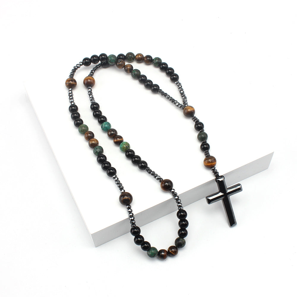 Natural Stone Africa Turquoise and Tiger-eye Beads Cross Pendant Necklace Rosary for Men and Women