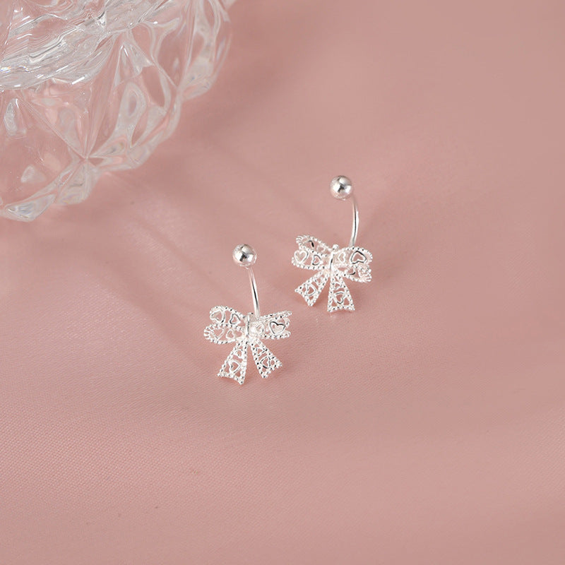 Real 925 Sterling Silver Lace Heart Hollow Bow Screw Buckle Puncture Stud Earrings for Women Fine Jewelry Minimalist Accessories