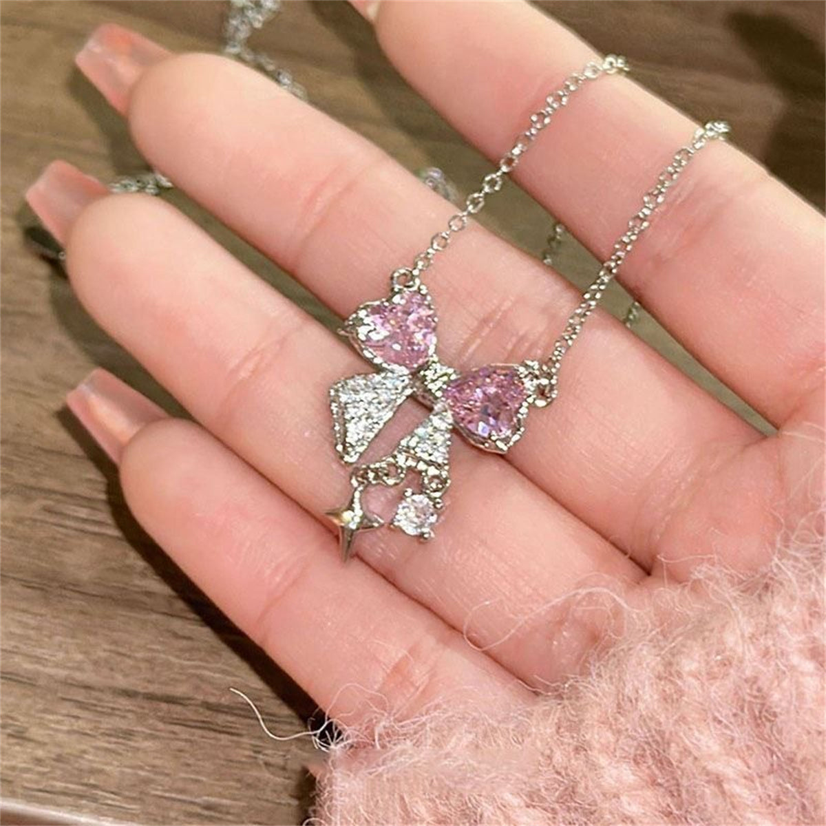 Korea New Design Bowknot Pink Zircon Cross Pendant Necklaces Fashion Temperament Clavicle Chain for Women Trendy Party Jewelry