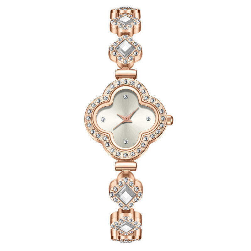 Clover bracelet watch with quartz and diamond inlay, fashionable women's watch