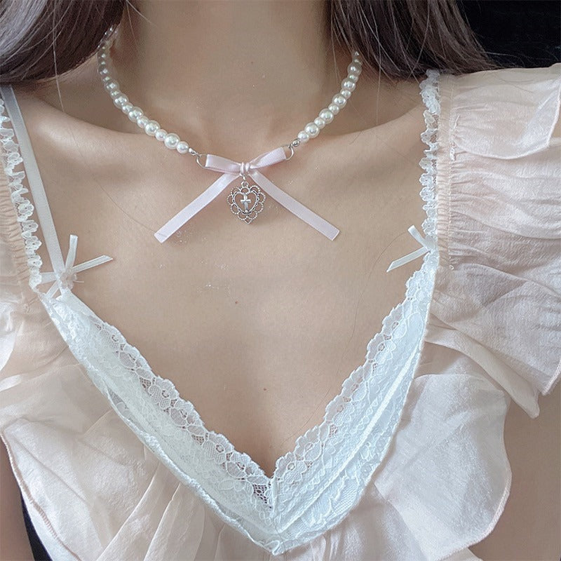Bow Love Cross Imitation Pearl Pendant Necklace for Women French Romantic Sweet Lolita Clavicle Chain Harajuku Y2K Jewelry Gifts