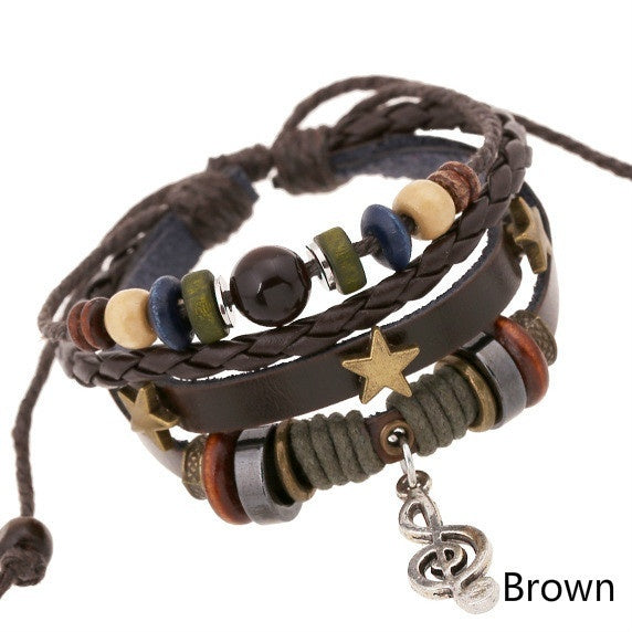 Men and Women Leather Bead Bracelet Vintage Musical Note Adjustable