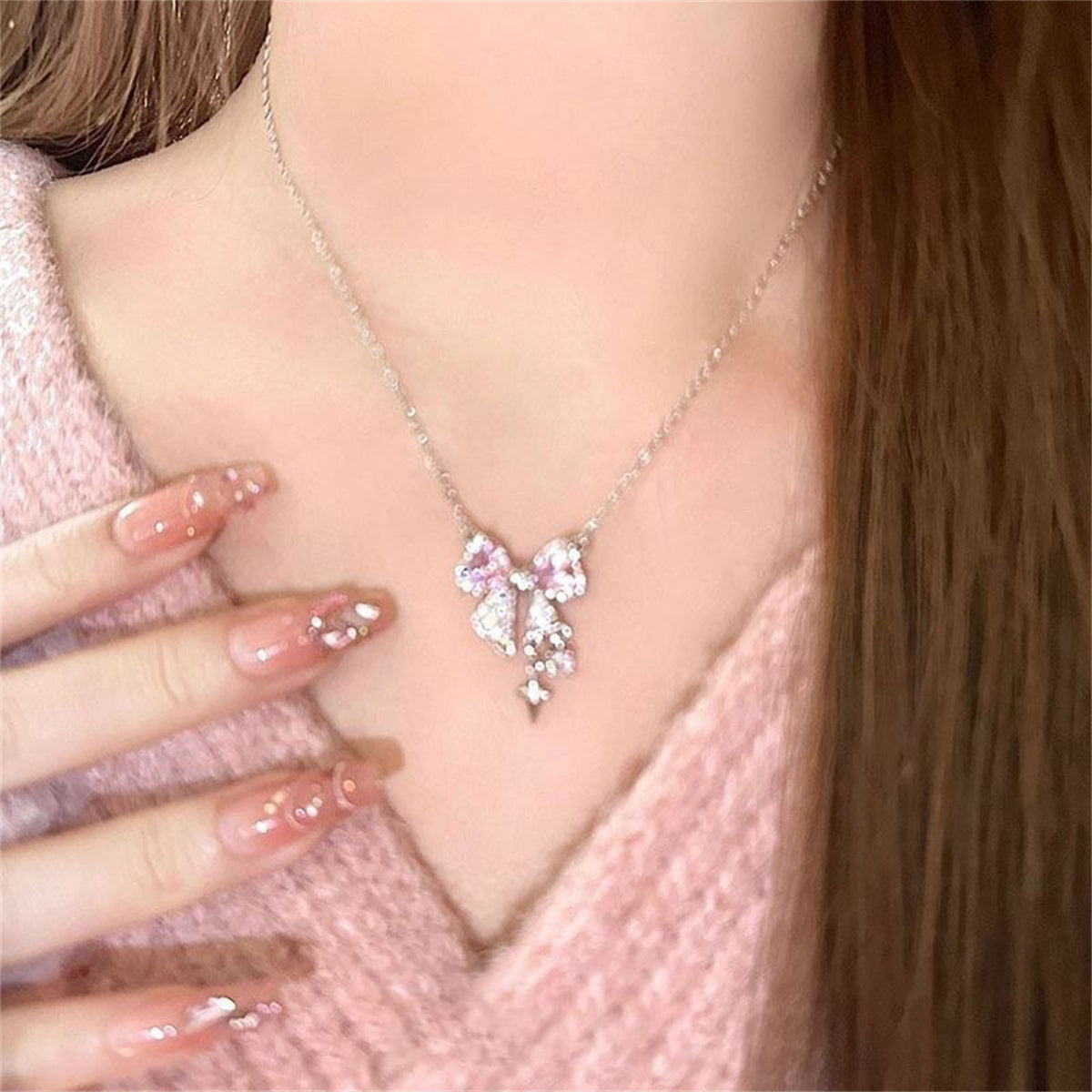 Korea New Design Bowknot Pink Zircon Cross Pendant Necklaces Fashion Temperament Clavicle Chain for Women Trendy Party Jewelry