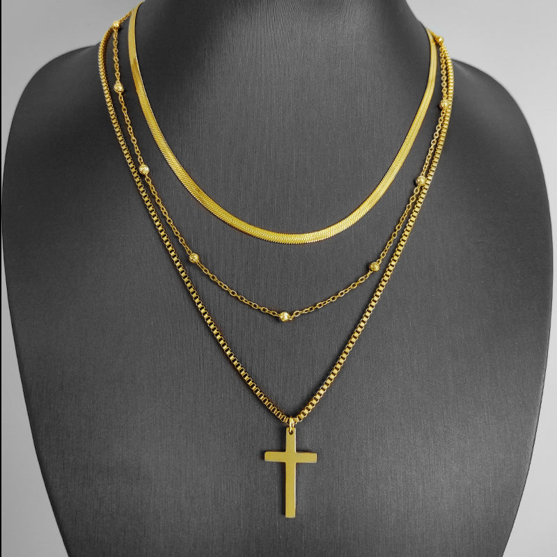 316L Stainless Steel New Fashion Upscale Jewelry 3 Layer Beaded Cross Charms Thick Chain Choker Necklaces & Pendants For Women