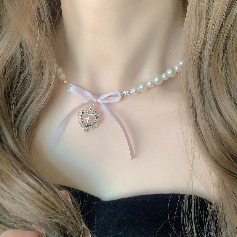 Bow Love Cross Imitation Pearl Pendant Necklace for Women French Romantic Sweet Lolita Clavicle Chain Harajuku Y2K Jewelry Gifts