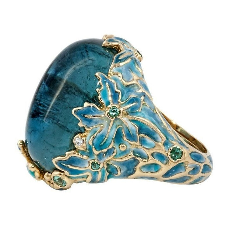 Elegant Gold Enamel Flower Ring with Blue Stone for Women Engagement