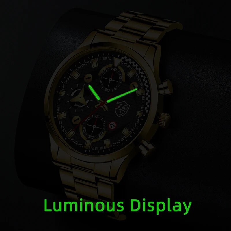 3pcs Set Luxury Mens Stainless Steel Watches Fashion Business Quartz Wristwatch Casual Sports Watch Bracelet Necklace