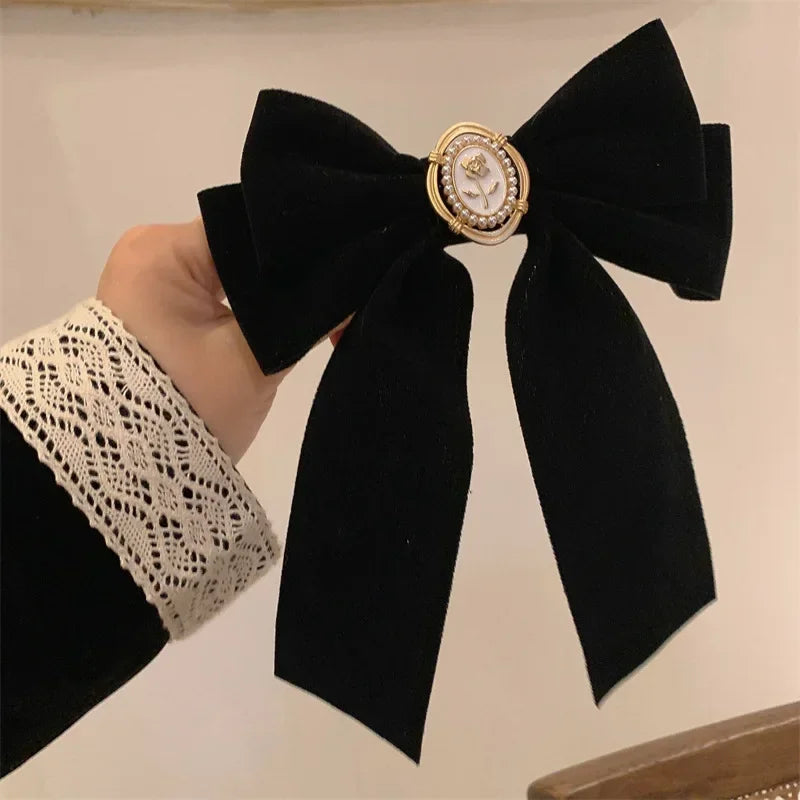 New Black Velvet Bow Hair Pins Elegant Fabric Alloy Roses Hair Clips for Women Fashion Ponytail Barrette Headwear Accessories