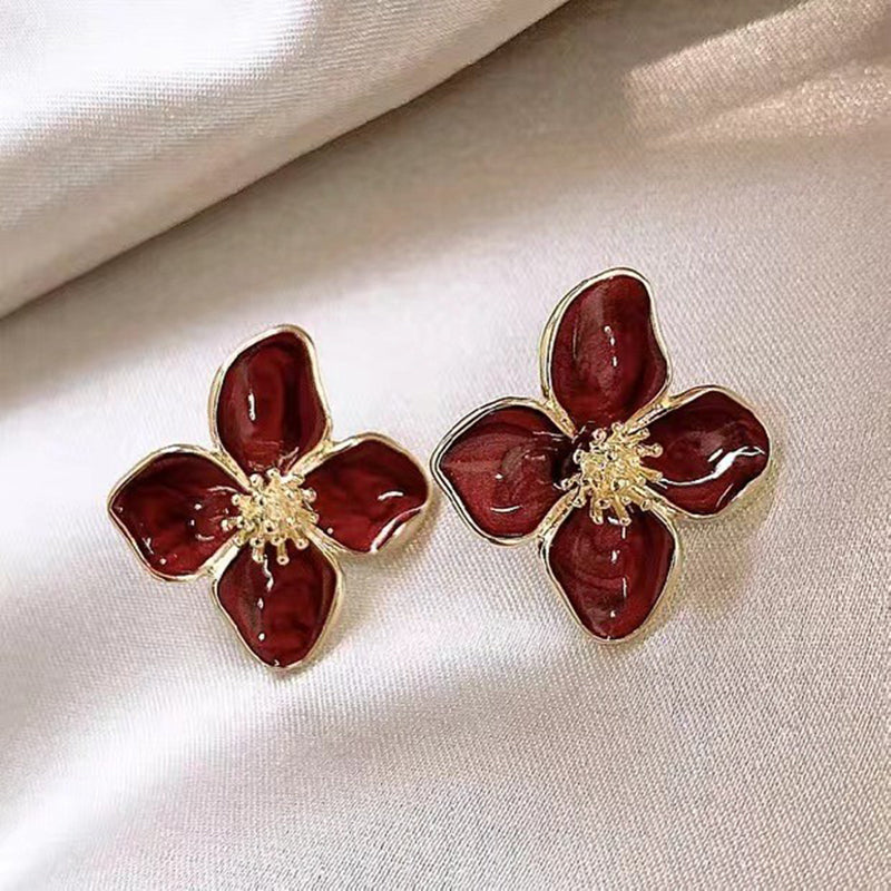 Hibiscus Dropped Glaze Flower Stud Earrings for Women Girl French Ins Vintage 2025 Fashion Korean Wedding Romantic Jewelry Gifts