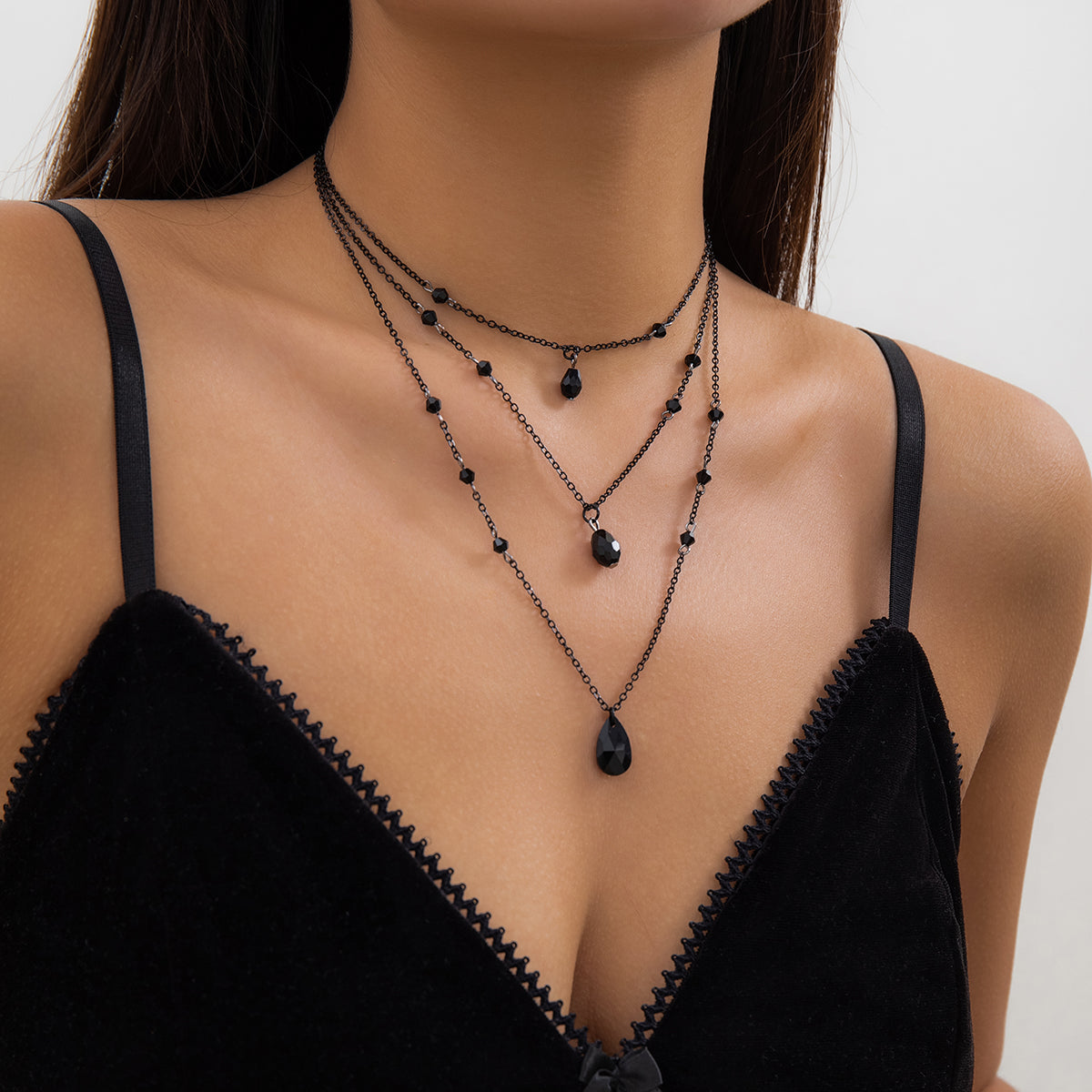 IngeSight.Z Gothic Multi layered Black Droplet Crystal Pendant Necklace Set for Women Vintage Black Metal Link Chain Choker Neck