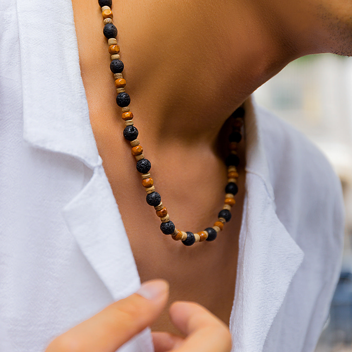 Stone and Wood Beaded Short Choker Necklace for Men Trendy Small Beads Collar Fashion Jewelry on Neck Accessories Male Gift
