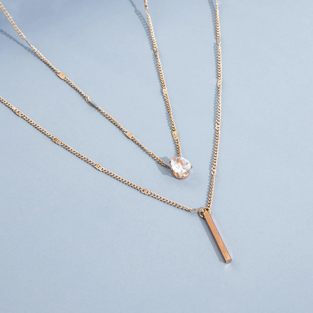 Fashion Multi-layer Necklace For Women Simple Crystal Water Drop Pendant Gold Silver Color Chain Choker Trend Jewelry