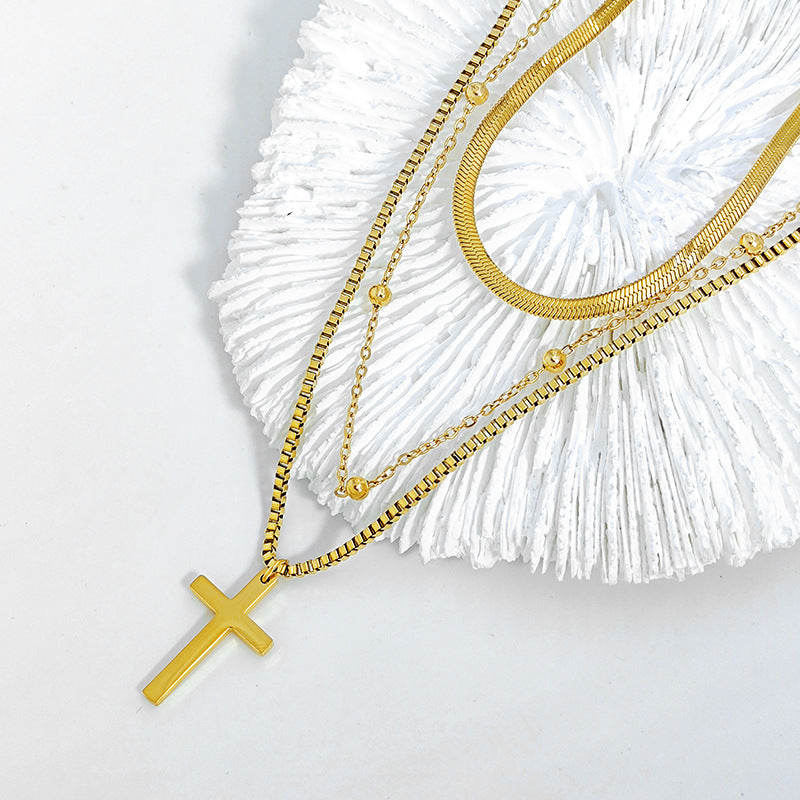 316L Stainless Steel New Fashion Upscale Jewelry 3 Layer Beaded Cross Charms Thick Chain Choker Necklaces & Pendants For Women