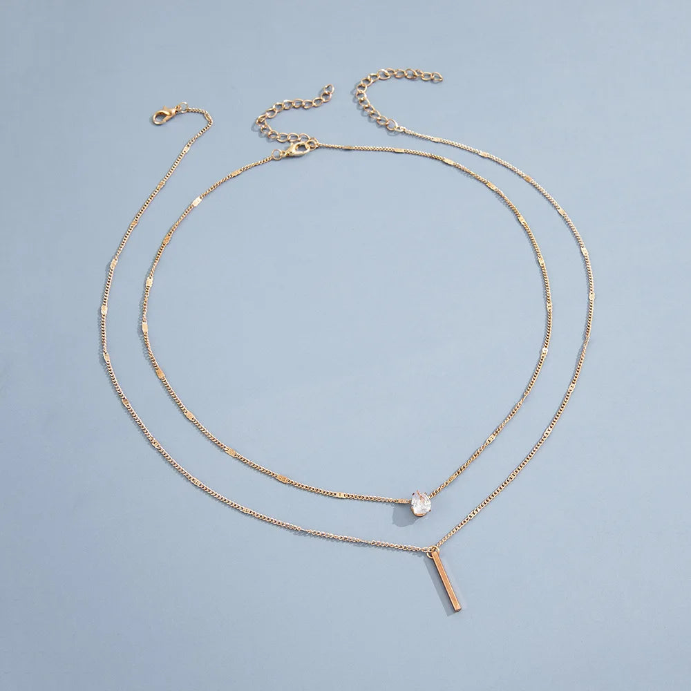 Fashion Multi-layer Necklace For Women Simple Crystal Water Drop Pendant Gold Silver Color Chain Choker Trend Jewelry