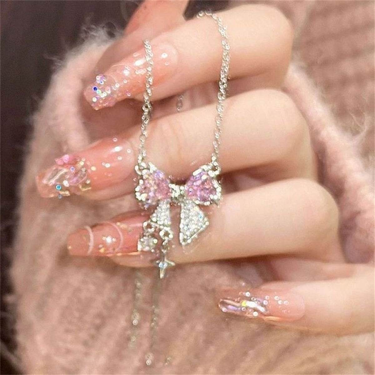 Korea New Design Bowknot Pink Zircon Cross Pendant Necklaces Fashion Temperament Clavicle Chain for Women Trendy Party Jewelry
