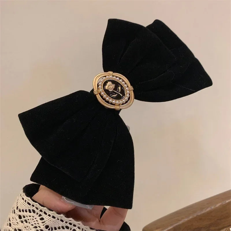 New Black Velvet Bow Hair Pins Elegant Fabric Alloy Roses Hair Clips for Women Fashion Ponytail Barrette Headwear Accessories
