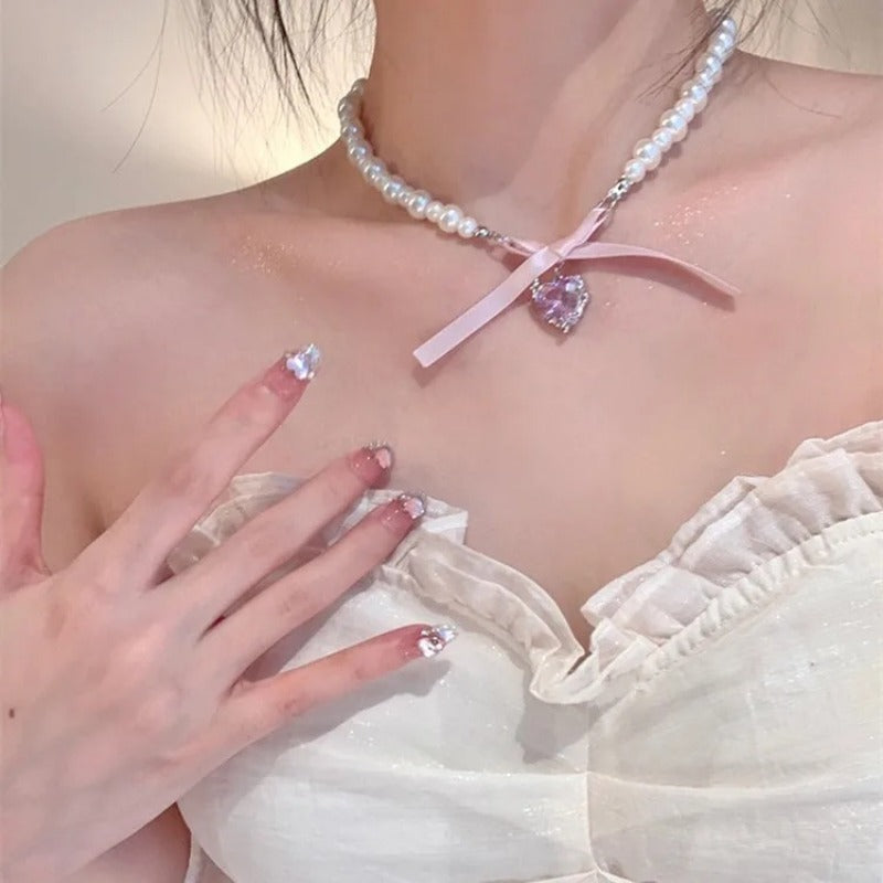Bow Love Cross Imitation Pearl Pendant Necklace for Women French Romantic Sweet Lolita Clavicle Chain Harajuku Y2K Jewelry Gifts