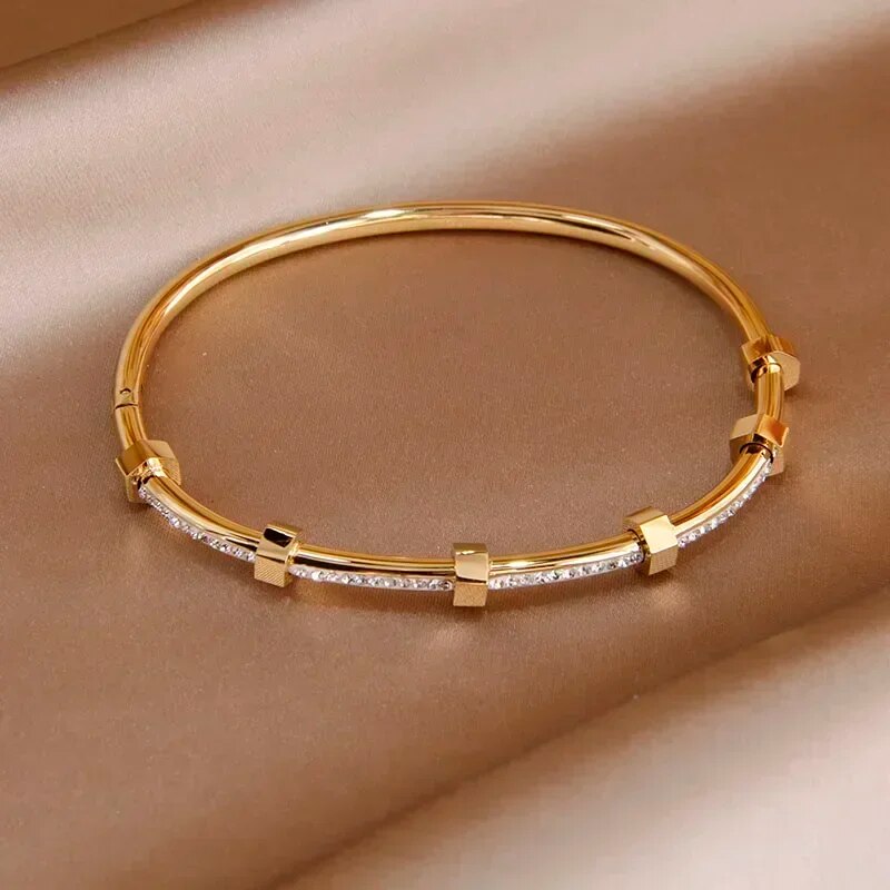 Trendy Round Cubic Zirconia Bangles For Women Men Gold Color Silver Color Stainless Steel Crystal Bangle Party Jewelry