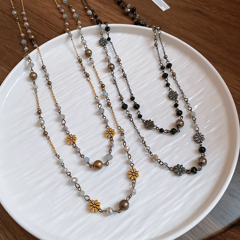 New Flower Glass Beaded Double Layered Stacking Chains Necklaces for Women Temperament Vintage Sweater High-end Fashion Jewelry