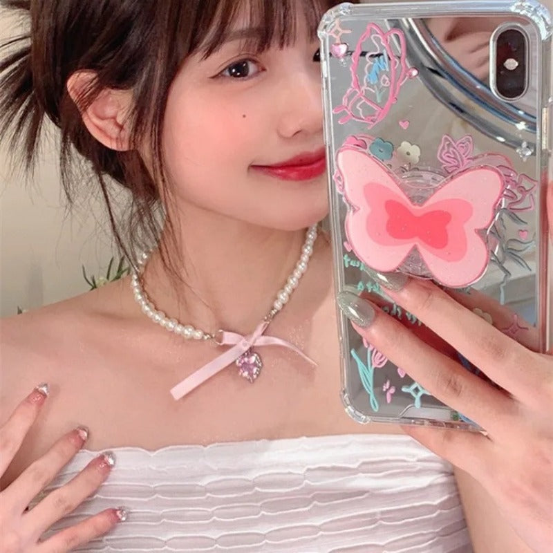 Bow Love Cross Imitation Pearl Pendant Necklace for Women French Romantic Sweet Lolita Clavicle Chain Harajuku Y2K Jewelry Gifts