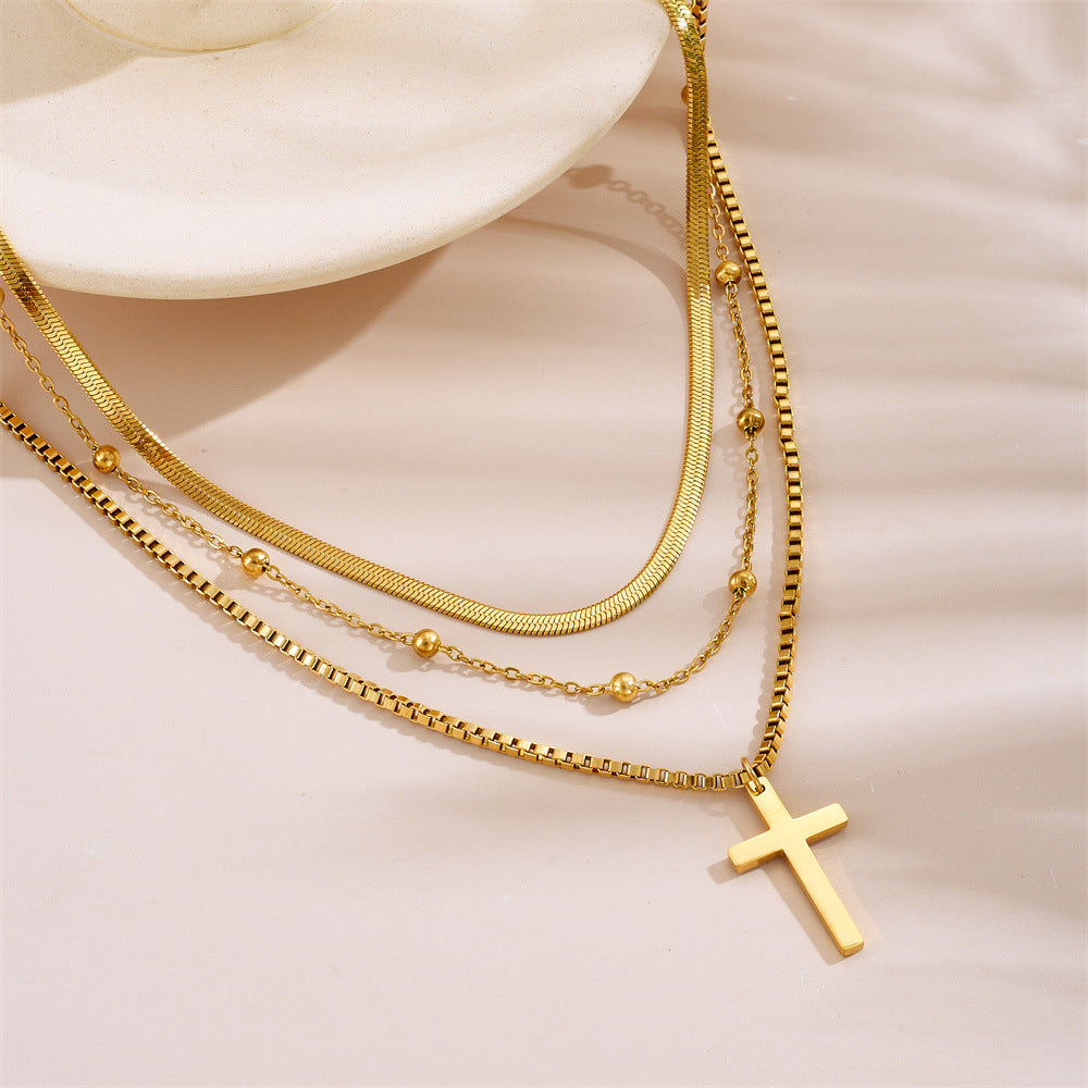 316L Stainless Steel New Fashion Upscale Jewelry 3 Layer Beaded Cross Charms Thick Chain Choker Necklaces & Pendants For Women