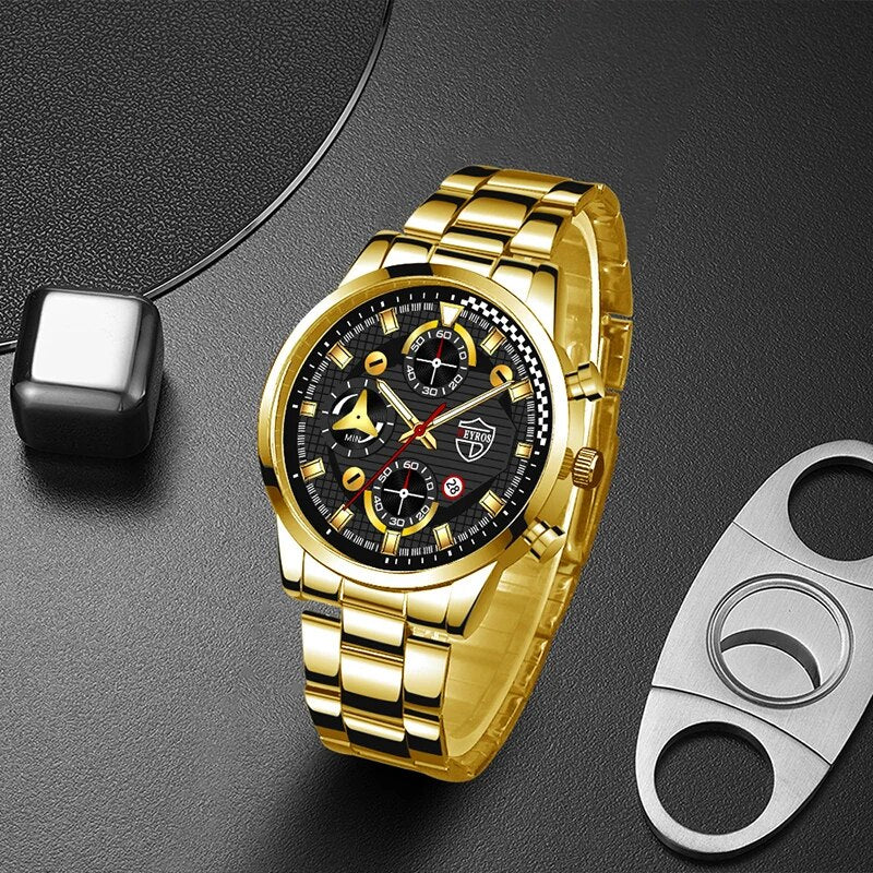 3pcs Set Luxury Mens Stainless Steel Watches Fashion Business Quartz Wristwatch Casual Sports Watch Bracelet Necklace