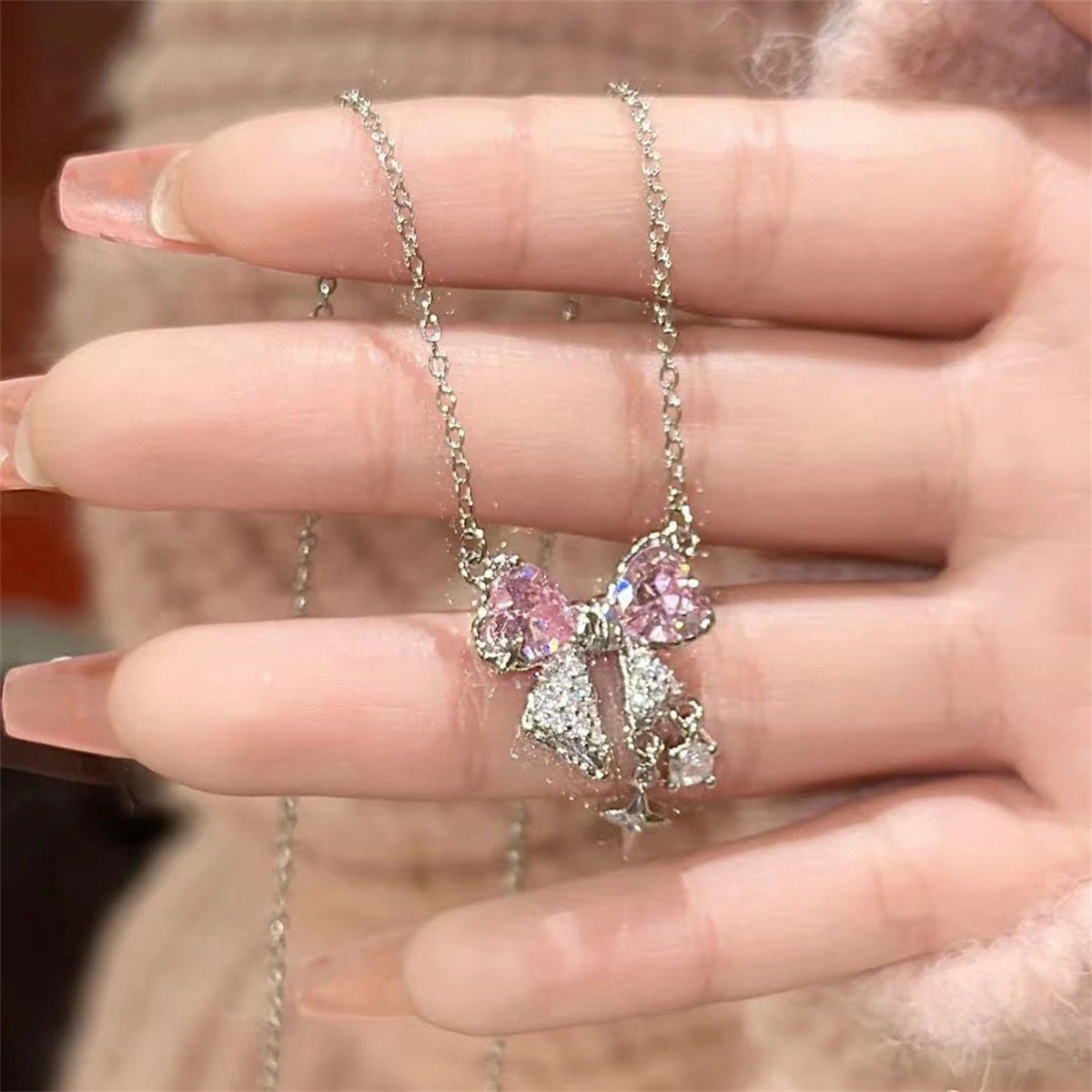 Korea New Design Bowknot Pink Zircon Cross Pendant Necklaces Fashion Temperament Clavicle Chain for Women Trendy Party Jewelry