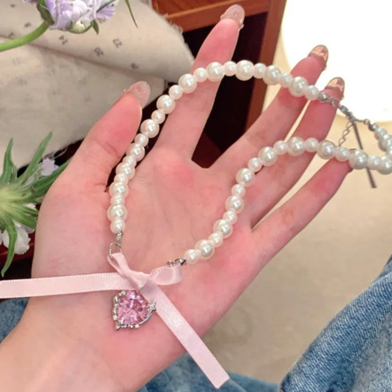Bow Love Cross Imitation Pearl Pendant Necklace for Women French Romantic Sweet Lolita Clavicle Chain Harajuku Y2K Jewelry Gifts