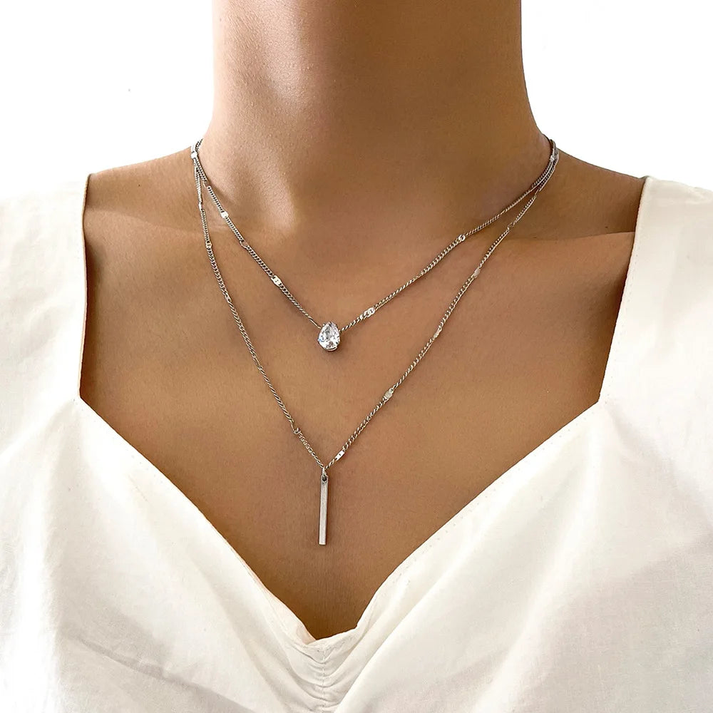 Fashion Multi-layer Necklace For Women Simple Crystal Water Drop Pendant Gold Silver Color Chain Choker Trend Jewelry