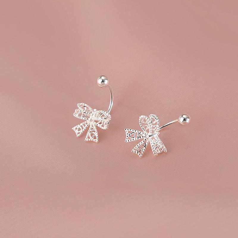Real 925 Sterling Silver Lace Heart Hollow Bow Screw Buckle Puncture Stud Earrings for Women Fine Jewelry Minimalist Accessories