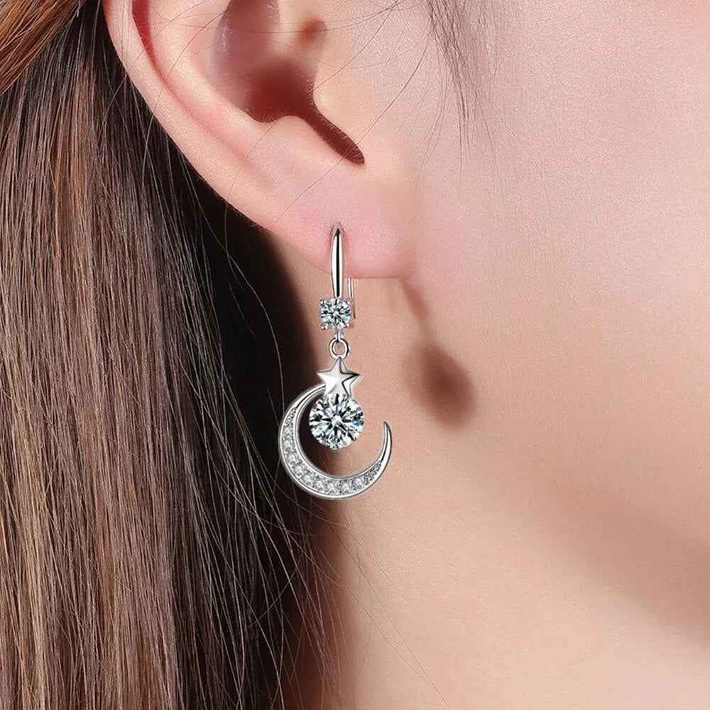 Women’s Star Moon Dangle Earrings Pink, Blue & White Artificial Stones