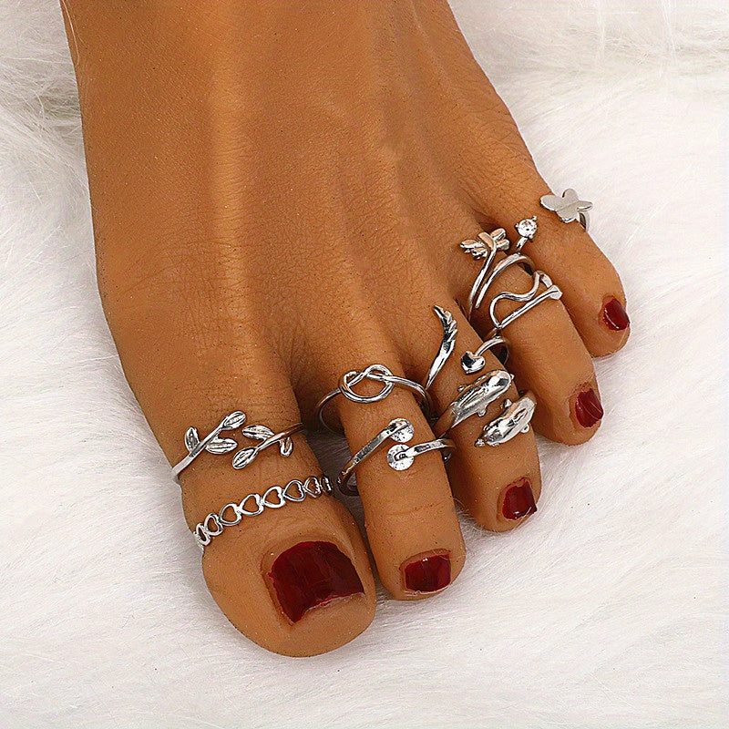 Bohemian 9-Piece Adjustable Toe Ring Set Snake, Butterfly & Dolphin Designs