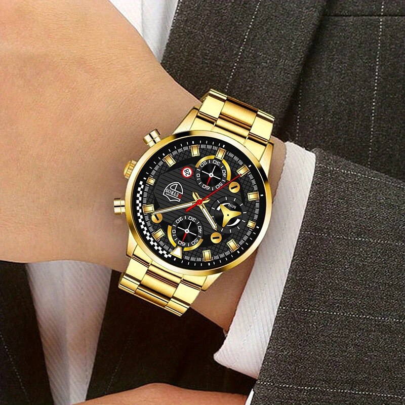 3pcs Set Luxury Mens Stainless Steel Watches Fashion Business Quartz Wristwatch Casual Sports Watch Bracelet Necklace