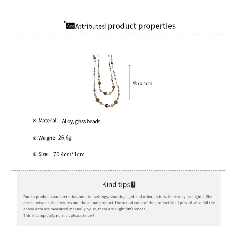 New Flower Glass Beaded Double Layered Stacking Chains Necklaces for Women Temperament Vintage Sweater High-end Fashion Jewelry