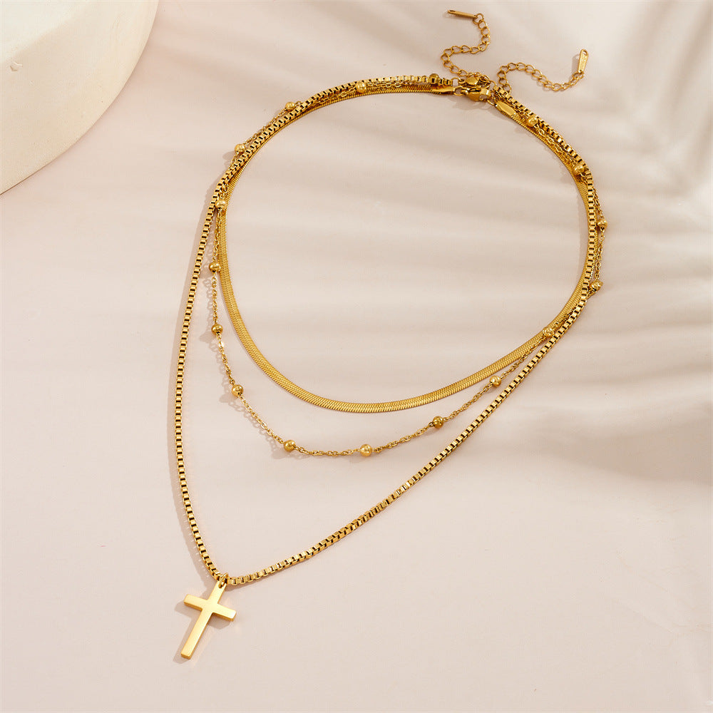 316L Stainless Steel New Fashion Upscale Jewelry 3 Layer Beaded Cross Charms Thick Chain Choker Necklaces & Pendants For Women