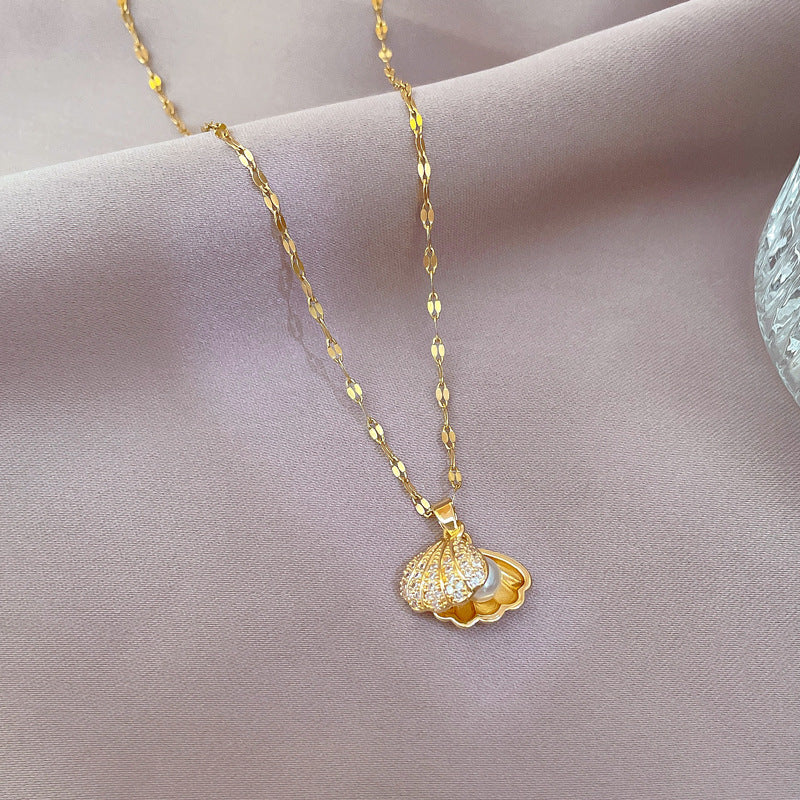 Classic Shell Pearl Necklace Fashion Small Fresh Clavicle Chain Micro-inlaid Simple Versatile Pendant Gift Giving
