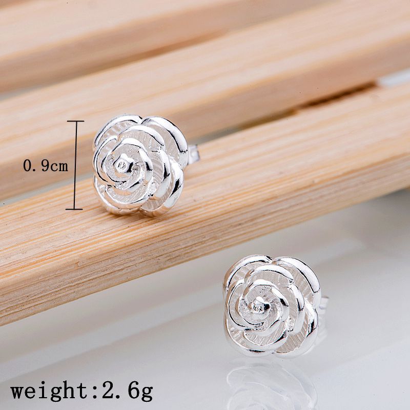 925 Sterling Silver Rose Flower Stud Earrings Women’s Party Jewelry