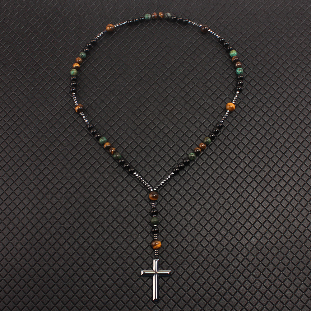 Natural Stone Africa Turquoise and Tiger-eye Beads Cross Pendant Necklace Rosary for Men and Women
