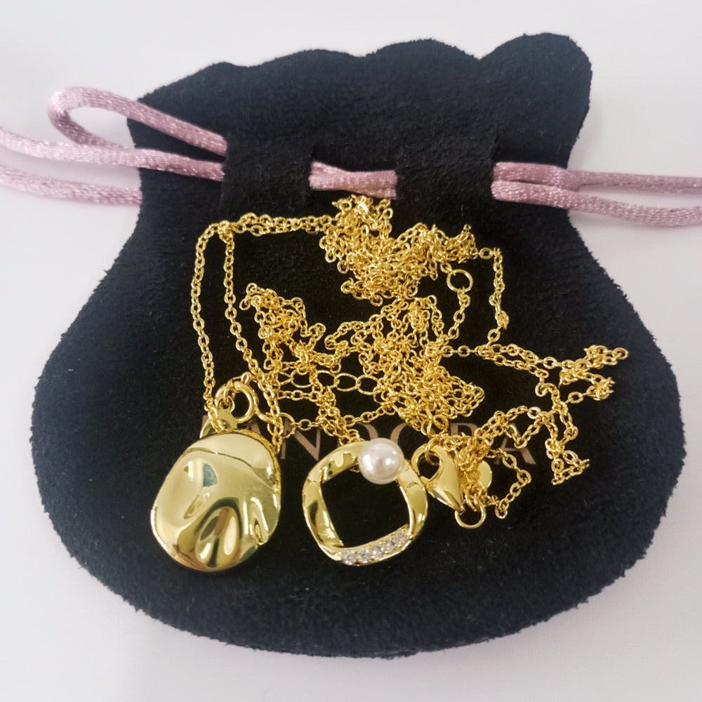 Authentic Pandora Organic Shape Round Pendant Necklace Set – Gold-Plated