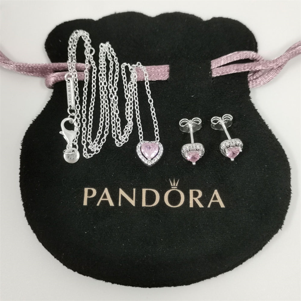 Pandora Pink Sparkling Heart Halo Stud Earrings & Pendant Necklace Set - 45cm